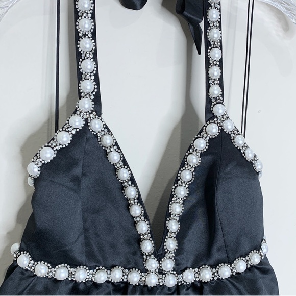 NEW Alice + Olivia Laurena Mini Dress (Sz 8) Pearl Embellished Empire Black - Picture 6 of 15